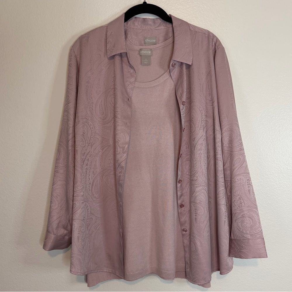 Chico’s Twin Set 2 Pc Top Sz 2P (Lg 14) Light Pink Button Front Long Sleeve Tank